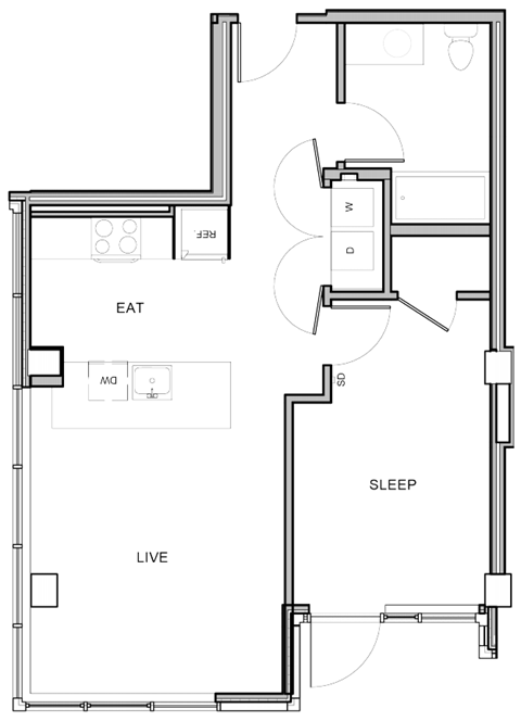 A floor plan of a small apartment with labeled rooms EAT, SLEEP, and LIVE.